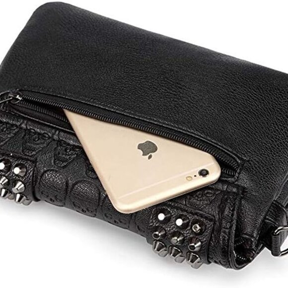 Womens Punk Skull Print Crossbody Bag PU Leather Gothic Skull Shoulder Bag Purse - Picture 5 of 7